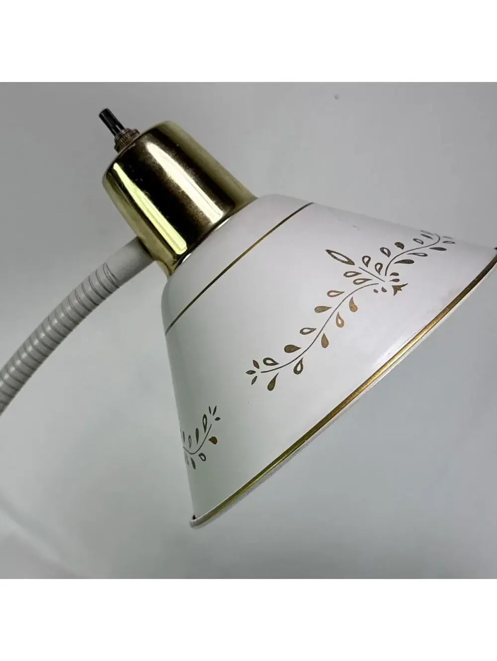Mid Century 1950's Decorated White French Tole Gooseneck Lamp Ornate Deco Works